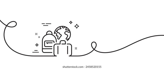 Baggage line icon. Continuous one line with curl. Travel luggage sign. Bag with backpack symbol. Baggage single outline ribbon. Loop curve pattern. Vector