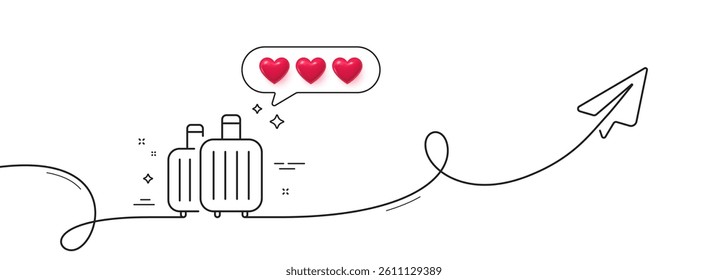 Baggage line icon. Continuous line with share plane. Travel luggage sign. Journey bag claim symbol. Hearts rate review in speech bubble. Baggage single line ribbon. Loop curve pattern. Vector