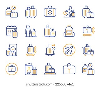 Iconos de la línea de equipaje. Tamaño de las bolsas de viaje, Comprobar peso y juego de mochilas. Cinturón de equipaje del aeropuerto, dimensiones de bolsos de mano e iconos de la línea de reclamo de equipaje. Compruebe el tamaño de la bolsa, el equipaje permitido y la cartera de documentos. Vector