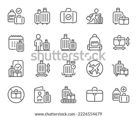 Baggage line icons. Travel bag size, Check weight and Backpack set. Airport luggage belt, handbag dimensions and baggage claim line icons. Check bag size, allowed luggage and briefcase. Vector