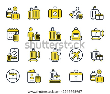 Baggage line icons. Travel bag size, Check weight and Backpack set. Airport luggage belt, handbag dimensions and baggage claim line icons. Check bag size, allowed luggage and briefcase. Vector