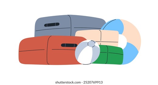 Baggage, luggage pile for summer holiday travel. Bags, beach supplies, swim ring and ball for travel, vacation. Suitcases, touristic equipment. Flat vector illustration isolated on white background