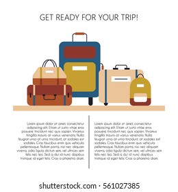 Baggage, luggage, suitcases on background. Flat style vector illustration. Flyer template