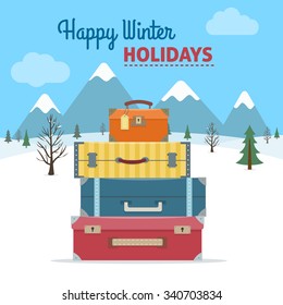 Baggage, luggage, suitcases  with a snowy landscape with trees and fir trees on background. Winter holidays. Flat style vector illustration.