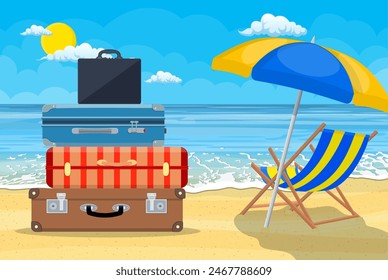 Baggage, luggage, suitcases with travel icons and objects on tropical background. wooden chaise lounge, umbrella. Vacation travel. vector illustration in flat design