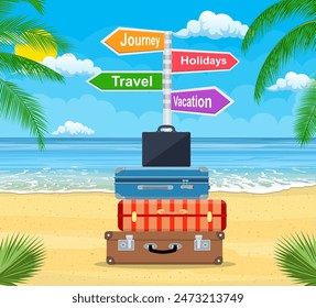 Baggage, luggage, suitcases with travel icons and objects on tropical background. vector illustration in flat design