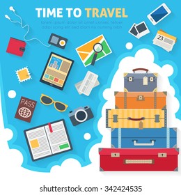 Baggage, luggage, suitcases  with travel icons and objects. Flat style vector illustration.