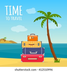 Baggage, luggage, suitcases with travel icons and objects on tropical background. Flat style vector illustration.