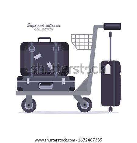 Baggage. Luggage trolley. Vector set flat icon.  illustration on a white background. Design for sites, advertising of tourist and business trips.	