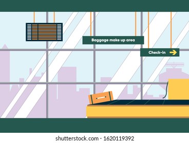 Baggage Make Up Area in Airport Vector Illustration. Suitcase on Conveyor Belt. Empty Interior of Luggage Claim Room in Airport Terminal. Flight Passenger Arrival Check Departure Hall