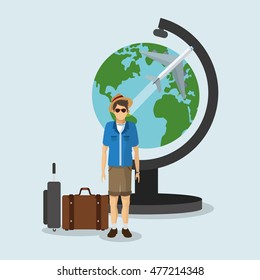 baggage man boy glasses planet travel trip airport vacation icon. Colorful and flat design. Vector illustration