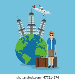 baggage man boy glasses tower airplane planet travel trip airport vacation icon. Colorful and flat design. Vector illustration