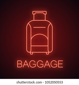 Baggage neon light icon. Luggage. Wheeled travel bag with handle. Glowing sign. Vector isolated illustration