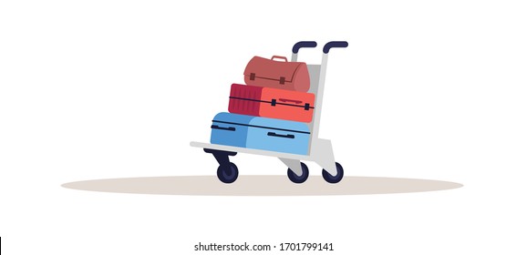Baggage on cart semi flat RGB color vector illustration. Colorful luggage pile on trolley. Airport shipping services. Deliver suitcases. Handbags isolated cartoon object on white background