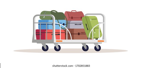 Baggage on cart semi flat RGB color vector illustration. Airport cargo shipping services. Logistics and shipment. Deliver suitcases. Handbags isolated cartoon object on white background