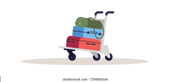 Baggage on cart semi flat RGB color vector illustration. Luggage on trolley. Airport cargo shipping services. Deliver suitcases for transportation. Handbags isolated cartoon object on white background