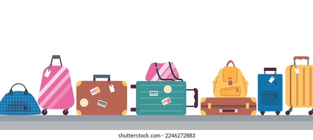 Baggage on conveyor belt in airport terminal, flat vector illustration isolated on white background. Passenger baggage check-in and flight security check.