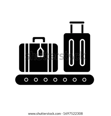 Baggage on conveyor belt flat design long shadow glyph icon. Luggage with tags on carousel. Airport terminal checkpoint for bags. Silhouette symbol on white space. Vector isolated illustration