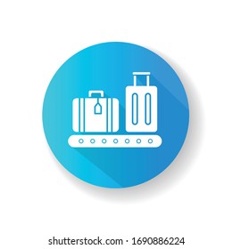 Baggage on conveyor belt green flat design long shadow glyph icon. Luggage with tags on carousel. Lost suitcases from airplane flight. Passenger cases. Silhouette RGB color illustration