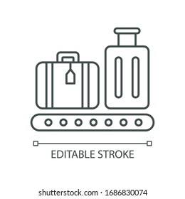 Baggage on conveyor belt pixel perfect linear icon. Luggage with tags on carousel. Thin line customizable illustration. Contour symbol. Vector isolated outline drawing. Editable stroke