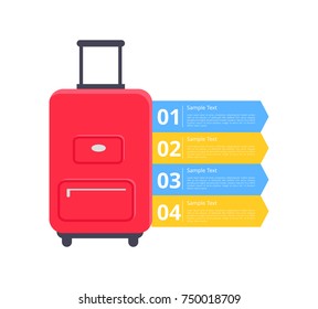 Baggage packing instructions with huge road bag and options for text content. Vector illustration with luggage isolated on white background