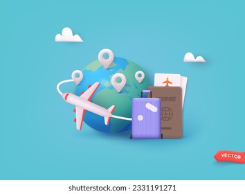 Baggage, passport and planes around planet for making advertising media about tourism and all object on blue background.  3D Web Vector Illustrations.