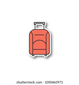 Baggage patch. Luggage. Wheeled travel bag with handle. Color sticker. Vector isolated illustration