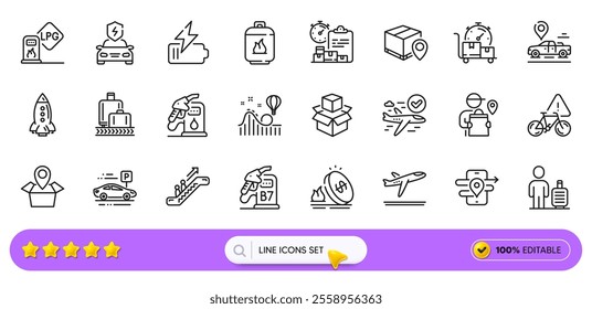 Baggage reclaim, Delivery report and Gas cylinder line icons for web app. Pack of Battery, Packing boxes, Car charging pictogram icons. Car parking, Fast delivery, Petrol station signs. Vector