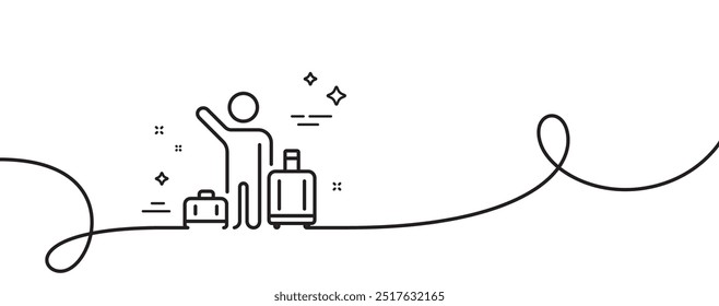 Ícone da linha de reclamação de bagagem. Uma linha contínua com curva. Sinal de transferência do aeroporto. Símbolo de bagagem de voo. Fita de contorno único de transferência do aeroporto. Padrão de curva de loop. Vetor