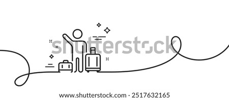 Baggage reclaim line icon. Continuous one line with curl. Airport transfer sign. Flight bags symbol. Airport transfer single outline ribbon. Loop curve pattern. Vector
