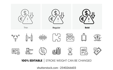 Ícones de recuperação de bagagem, Onda sonora e Linha de cálculo verificada. Pacote de livro de rejeição, Call center, ícone de martelo de leilão. Moeda, vacina contra o coronavírus, pictograma Educação. Gêneros. Ícones de linha. Vetor