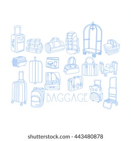 Baggage Related Object Set With Text Hand Drawn Simple Vector Illustration Is Sketch Style