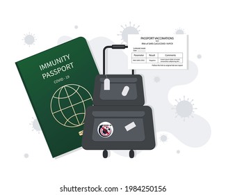 Baggage. Safe travel. Immunity document. Vaccination certificate. Covid 19 immunity symbol sign. Vector illustration image isolated on white background. Vector illustration.