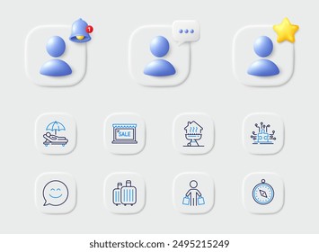 Baggage, Sale and Smile chat line icons. Placeholder with 3d star, reminder bell, chat. Pack of Home grill, Sunbed, Buyer icon. Travel compass, Puzzle options pictogram. For web app, printing. Vector