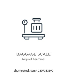 Baggage scale icon. Thin linear baggage scale outline icon isolated on white background from airport terminal collection. Line vector sign, symbol for web and mobile