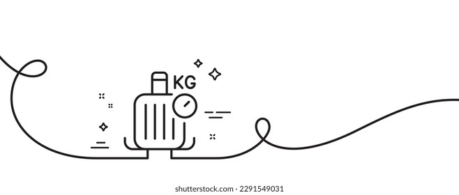 Icono de línea de báscula de equipaje. Una línea continua con curl. Signo de peso del equipaje de viaje. Símbolo de bolso de viaje. Escala de equipaje cinta de contorno simple. Patrón de curva de bucle. Vector