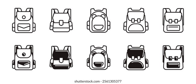 baggage school backpack icon set travel, trip, hiking bag signs vector line illustration