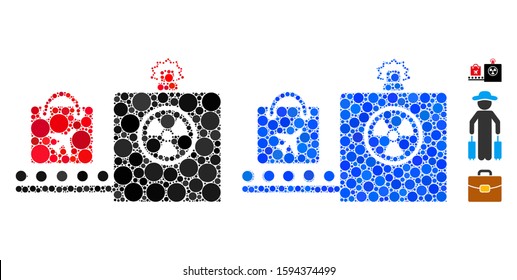 Baggage screening mosaic of filled circles in different sizes and color tints, based on baggage screening icon. Vector filled circles are grouped into blue composition.
