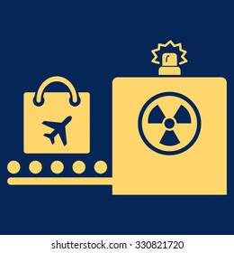 Baggage Screening vector icon. Style is flat yellow symbol, rounded angles, blue background.