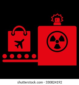 Baggage Screening vector icon. Style is flat red symbol, rounded angles, black background.