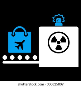 Baggage Screening vector icon. Style is flat bicolor blue and white symbol, rounded angles, black background.