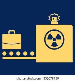 Baggage Screening vector icon. Style is flat yellow symbol, rounded angles, blue background.