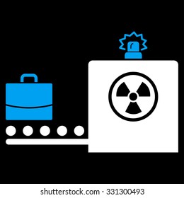 Baggage Screening vector icon. Style is flat bicolor blue and white symbol, rounded angles, black background.