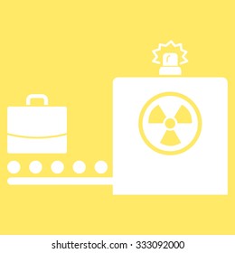 Baggage Screening vector icon. Style is flat white symbol, rounded angles, yellow background.