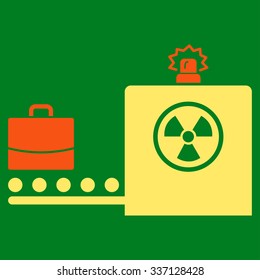 Baggage Screening vector icon. Style is flat bicolor orange and yellow symbol, rounded angles, green background.