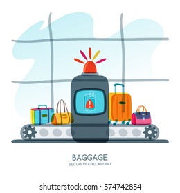 Baggage security checkpoint in airport terminal. Red alarm siren on scanner warns of dangerous baggage. Vector hand drawn illustration. Luggage check, airport security concept.