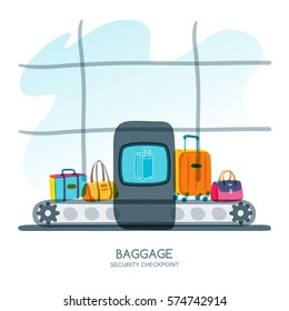 Baggage security checkpoint in airport terminal. Vector hand drawn illustration. Luggage, suitcase, bags on scanner conveyor belt. Luggage check, airport security, travel and tourism concept.
