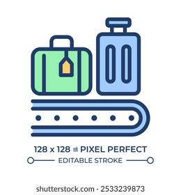 Baggage service RGB color icon. Luggage on conveyor belt. Services at airport. Transporting and sorting passenger bags. Isolated vector illustration. Simple filled line drawing. Editable stroke