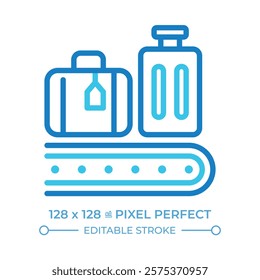 Baggage service two color line icon. Luggage on conveyor belt. Services at airport. Transporting, sorting bags. Bicolor outline symbol. Duotone linear pictogram. Isolated illustration. Editable stroke