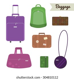 Baggage set. Travel bag, backpack, clutch, case, suitcase, handbag, valise, purse. Flat style elements.